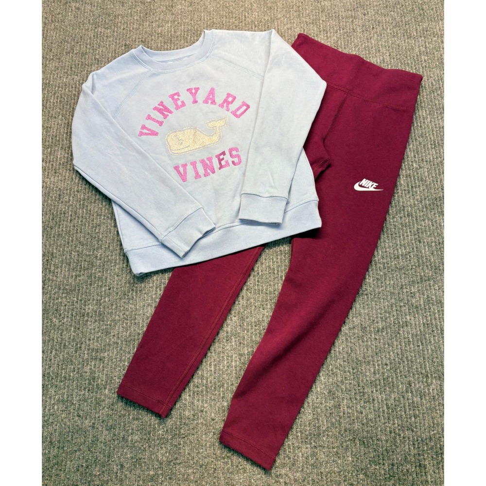 Vineyard Vines Whale Sweatshirt & Nike Leggings Set Girls Small 7-8 Blue Pink